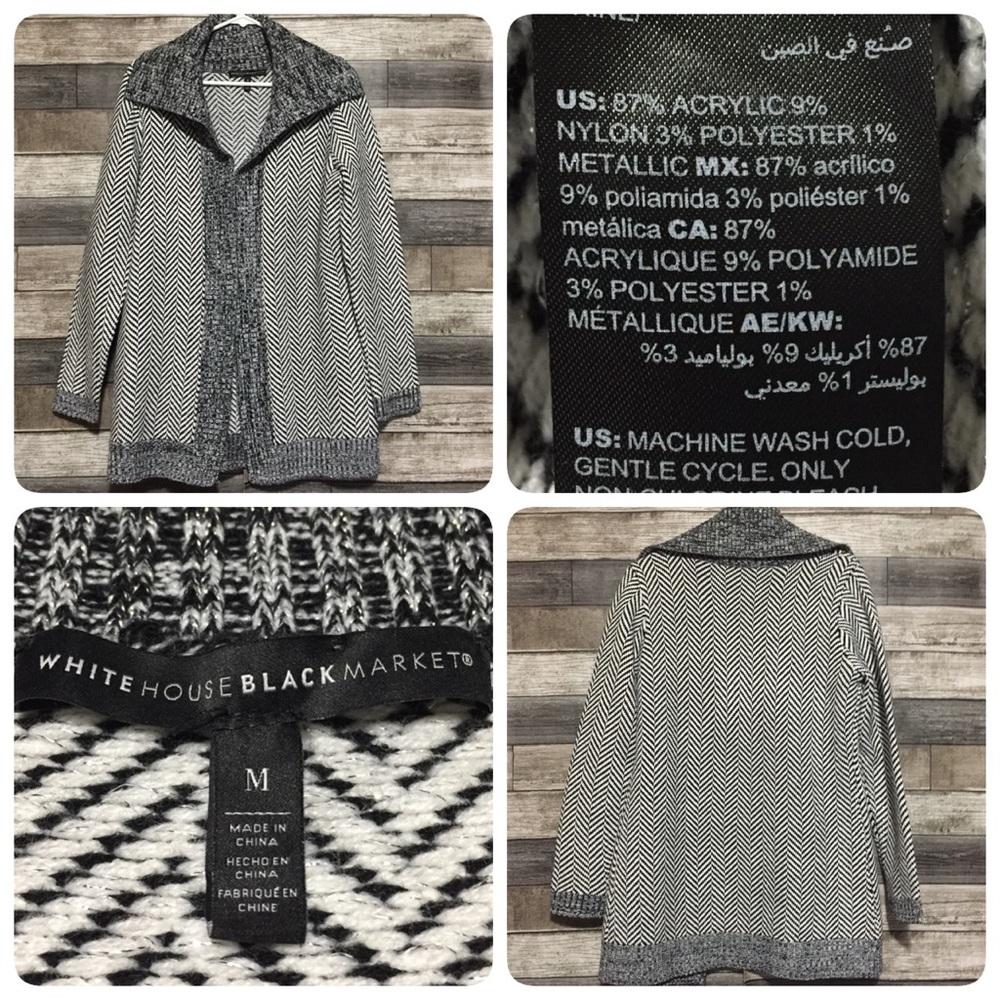 White House Black Market Herringbone Cardigan Sweater Sz M Open Front Metallic.